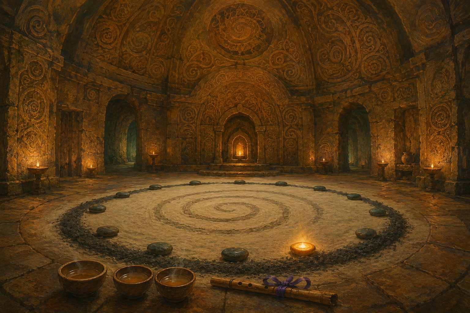 A warm domed mountain-monastery chamber carved in stone, walls covered in looping spiral glyphs — a sand circle ringed with twelve stones around a traced spiral, one stone glowing, three bowls of butter tea and a ribbon-bound flute at its edge.