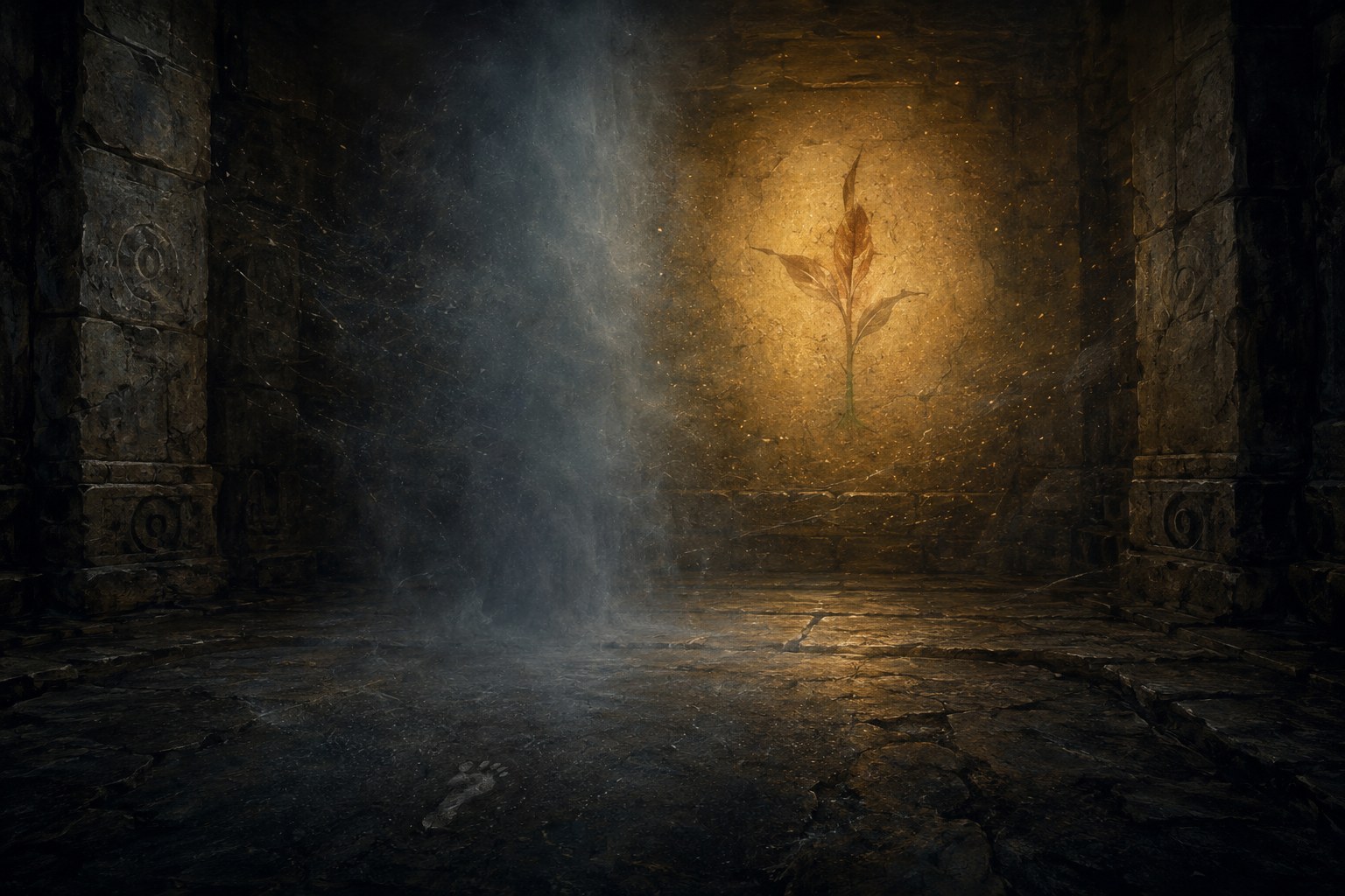 A deep stone chamber where a warm, dust-lit wall bears a wilting green-to-brown sprout, faced across the dark by a tall, faceless, edgeless patch of cold air — warmth and a cold absence in a silent standoff, a child's footprint on the floor between them.