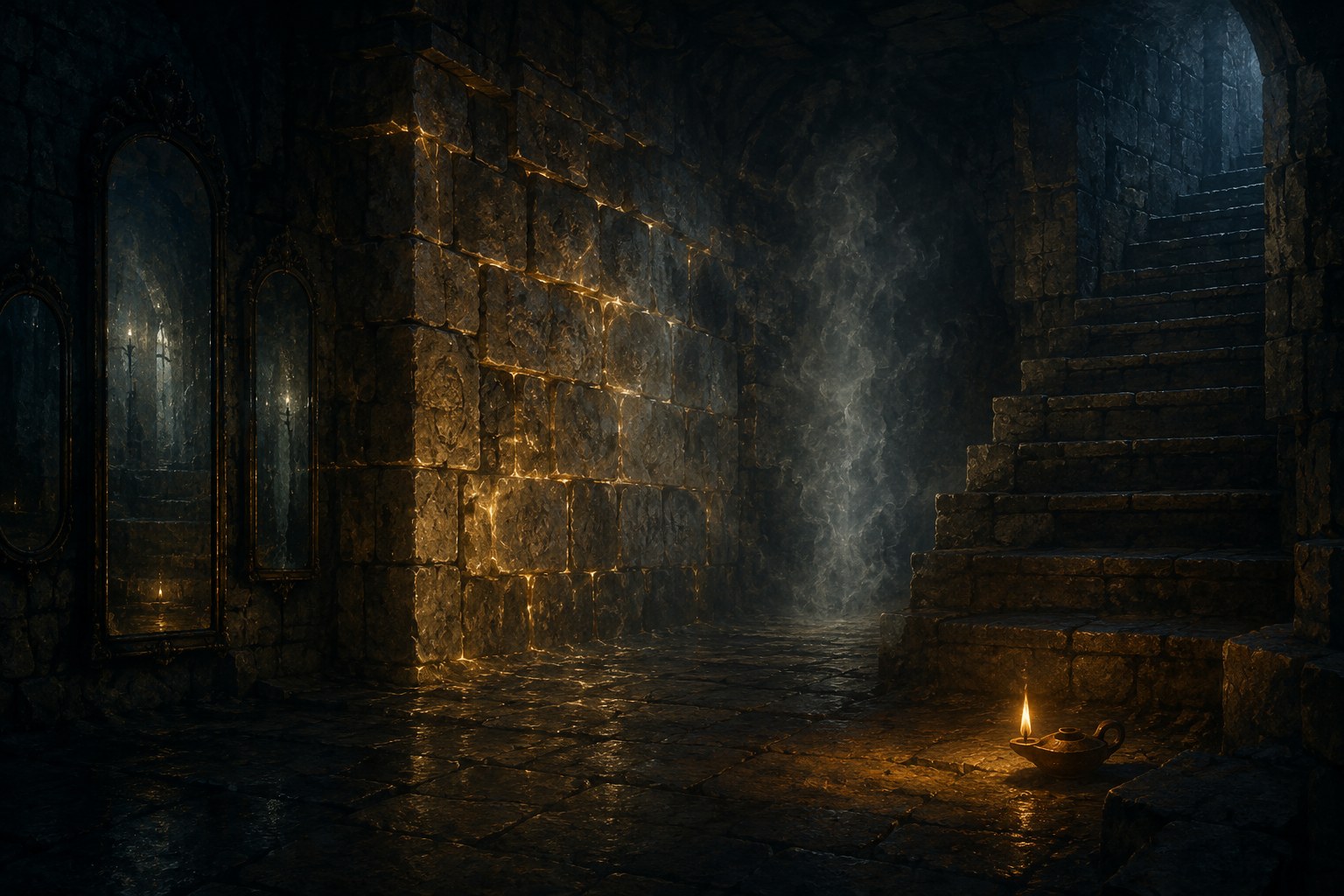 An underground stone chamber at dawn, gold light in the wall's seams, a single oil lamp at the foot of stone stairs — the aftermath of the Battle of Thunder.
